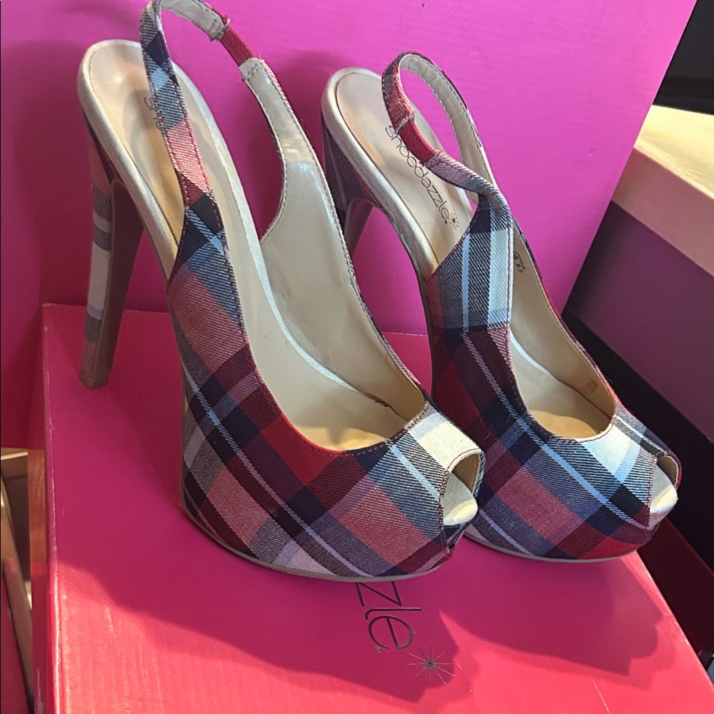 Shoe Dazzle Red Plaid Peep-Toe Slingback Heels